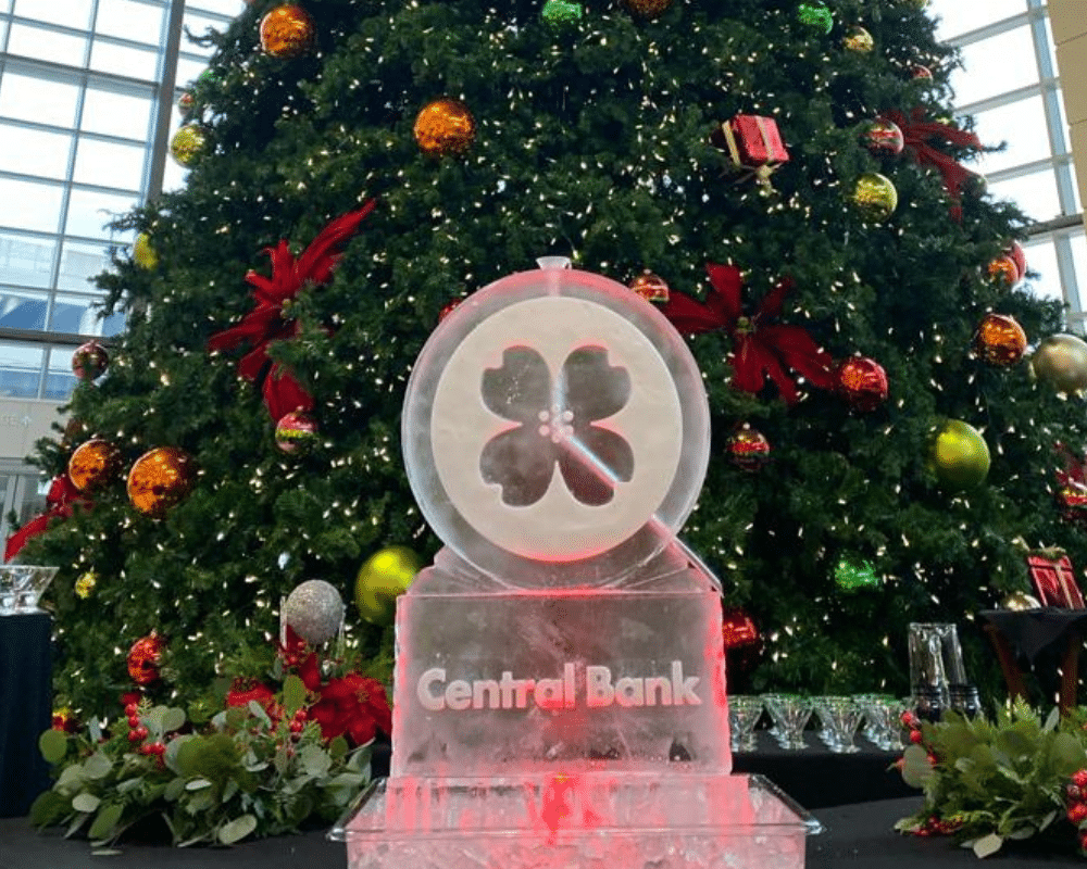 Vibrantly lit custom ice sculpture at a Kansas City event by Full Spectrum Ice Sculptures