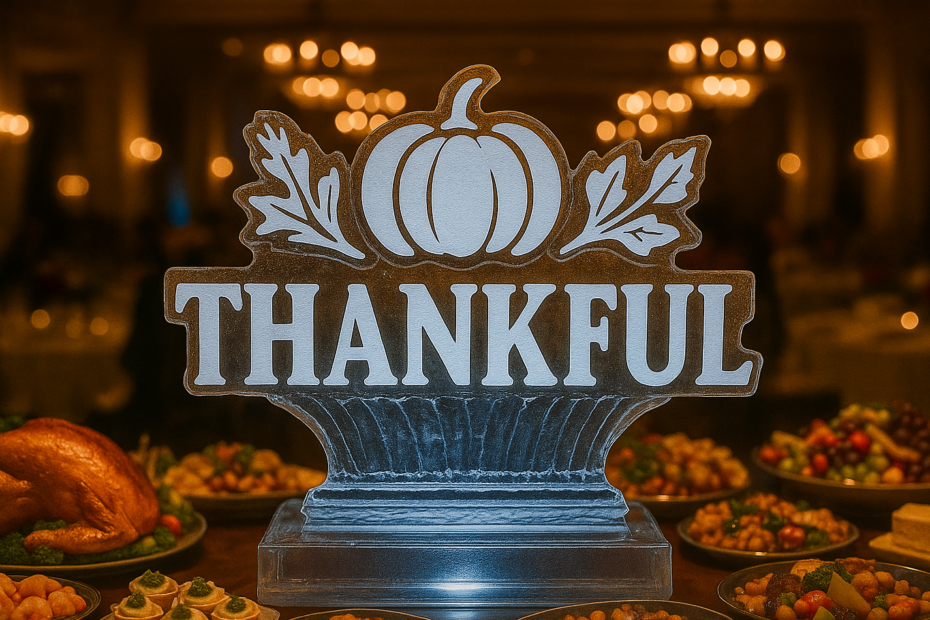 Thanksgiving cornucopia ice centerpiece with seasonal fruit on a buffet.