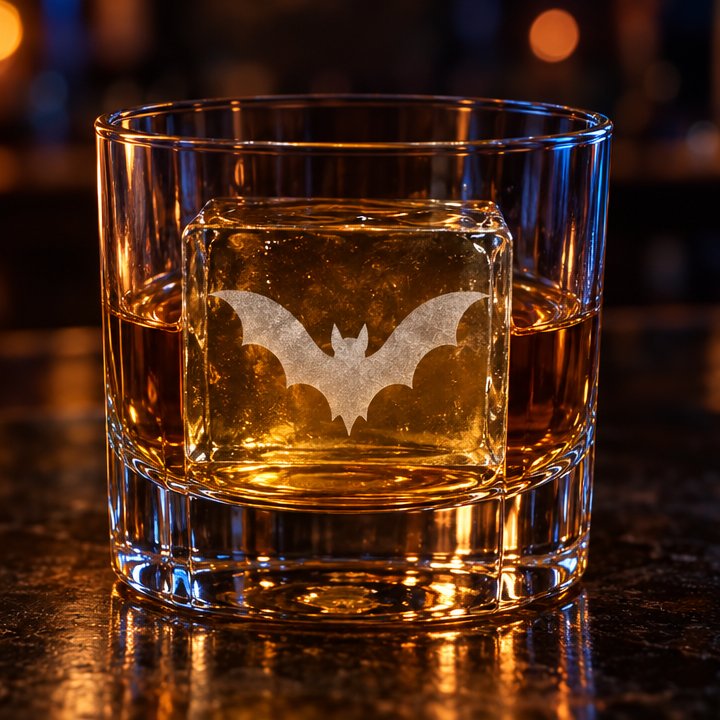 Clear ice cube engraved with a bat, in a rocks glass