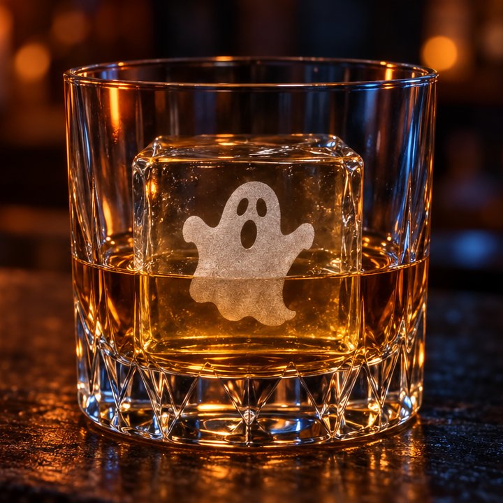 Clear ice cube engraved with a ghost, in a rocks glass