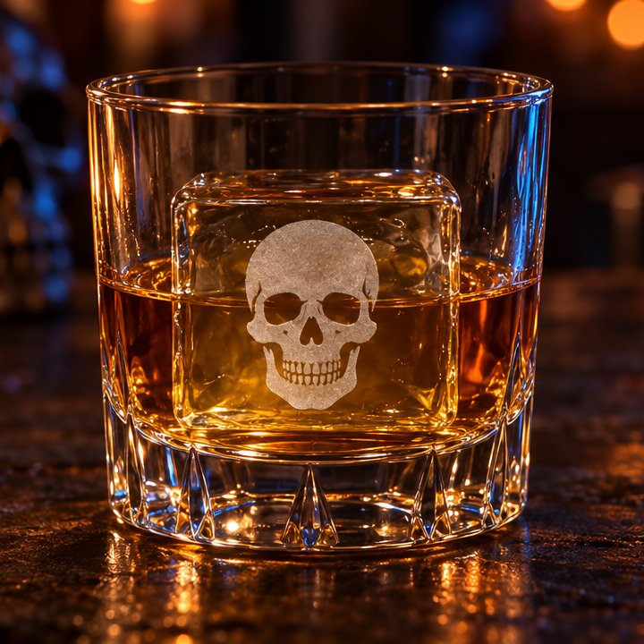 Clear ice cube engraved with a skull, in a rocks glass