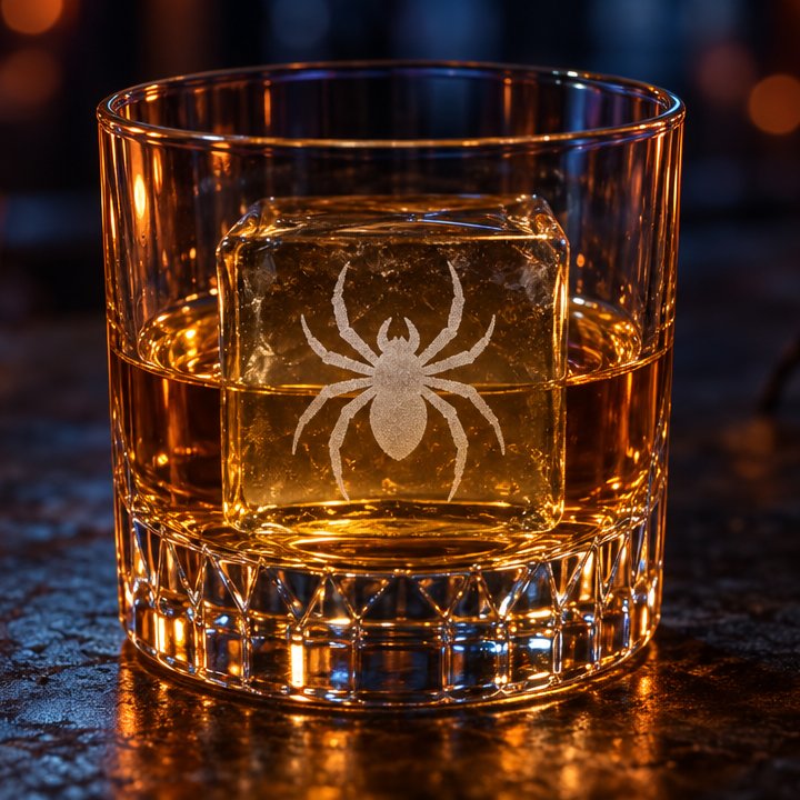 Clear ice cube engraved with a spider, in a rocks glass