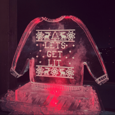 christmas ice sculpture, ugly sweater, by full spectrum ice